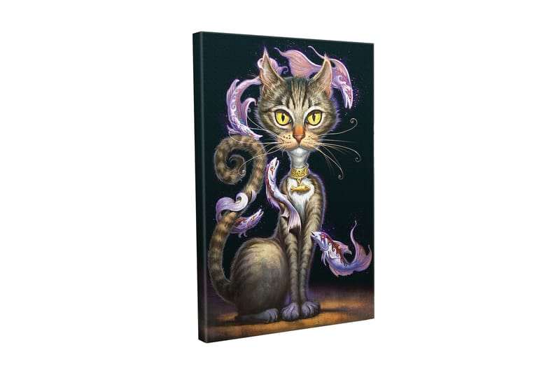 Lærredsbillede - Magisk kat med store gule øjne og hvirvlende dekorativ fisk omkring dens krop, Sort / Lilla / Brun