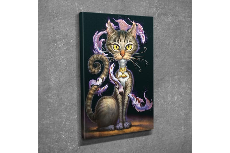 Lærredsbillede - Magisk kat med store gule øjne og hvirvlende dekorativ fisk omkring dens krop - Sort / Lilla / Brun - Boligtilbehør - Billeder & kunst - Billeder på lærred