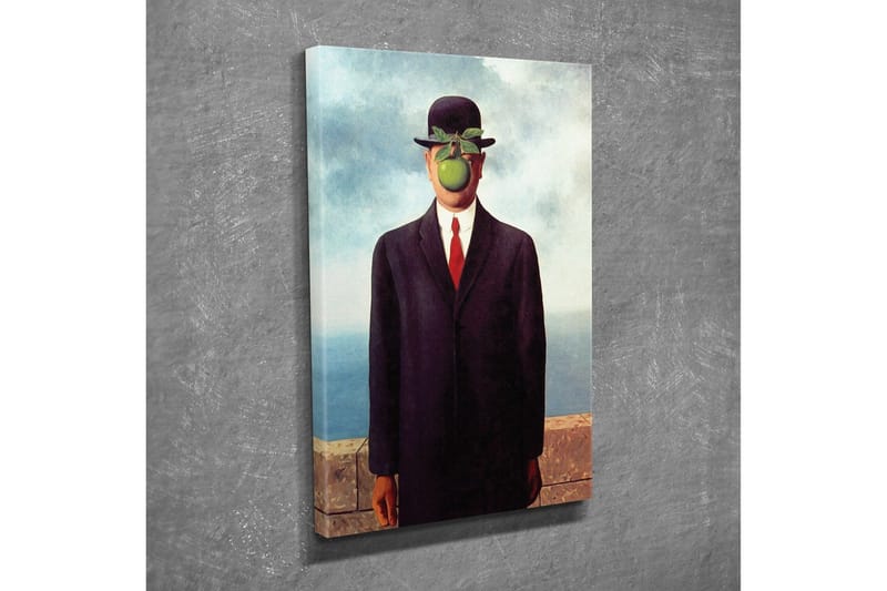 Lærredsbillede - Mand med æble foran ansigtet i jakkesæt og hat - Mørkeblå / Grøn / Sort - Boligtilbehør - Billeder & kunst - Billeder på lærred