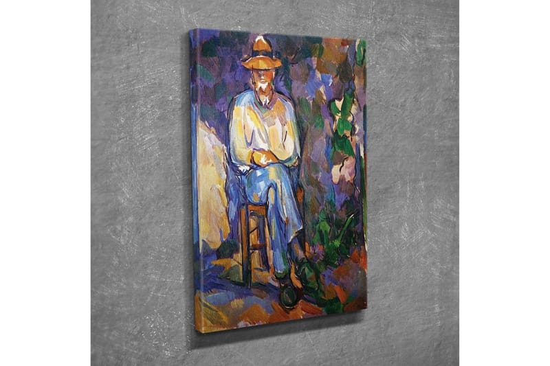 Lærredsbillede - Mand siddende på en stol med en hat - Lilla / Blå / Grøn - Boligtilbehør - Billeder & kunst - Billeder på lærred