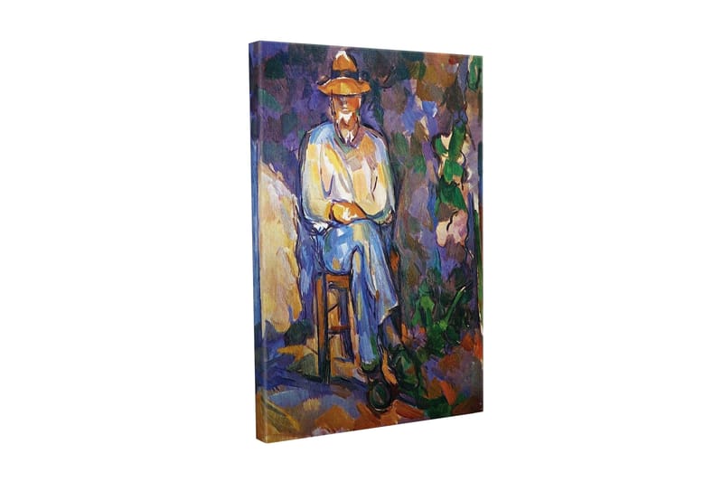 Lærredsbillede - Mand siddende på en stol med en hat, Lilla / Blå / Grøn