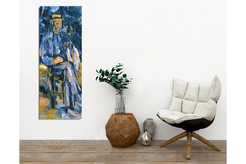 Lærredsbillede - Mand sidder med hund i et afslappet miljø - Blå / Beige / Grøn - Boligtilbehør - Billeder & kunst - Billeder på lærred