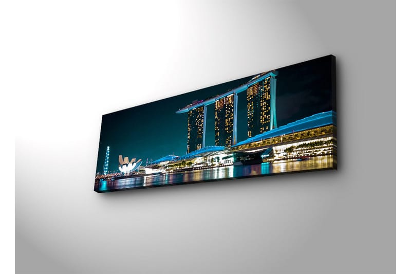 Lærredsbillede med LED-belysning 30x90 cm - Moderne bybillede med futuristiske bygninger ved vandoverfladen - Mørkeblå / Lyseblå / Hvid - Boligtilbehør - Billeder & kunst - Billeder på lærred