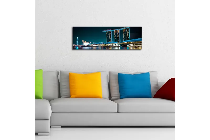 Lærredsbillede med LED-belysning 30x90 cm - Moderne bybillede med futuristiske bygninger ved vandoverfladen - Mørkeblå / Lyseblå / Hvid - Boligtilbehør - Billeder & kunst - Billeder på lærred