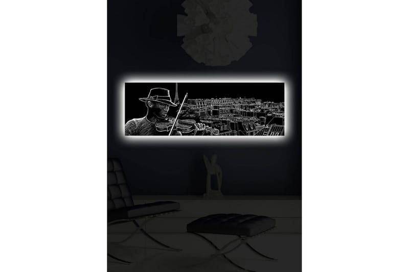 Lærredsbillede med LED-belysning 30x90 cm - Musiker spiller violin med en bysilhuet i baggrunden - Sort / Hvid - Boligtilbehør - Billeder & kunst - Billeder på lærred