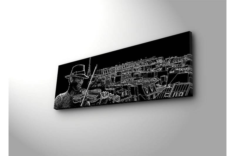 Lærredsbillede med LED-belysning 30x90 cm - Musiker spiller violin med en bysilhuet i baggrunden - Sort / Hvid - Boligtilbehør - Billeder & kunst - Billeder på lærred