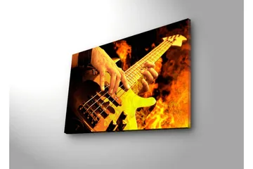 Lærredsbillede med LED-belysning 45x70 cm - Guitarist spiller elektrisk bas omgivet af flammende flammer - Orange / Sort / Gul - Boligtilbehør - Billeder & kunst - Billeder på lærred