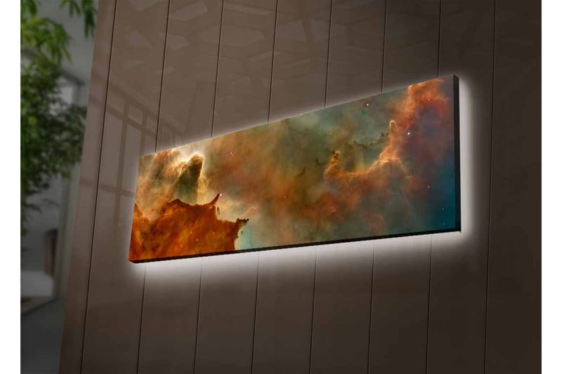 Lærredsbillede med LED-belysning - Abstrakt rumlandskab med svævende skyer og stjerner - Kobberbrun / Grøn / Blå - Boligtilbehør - Billeder & kunst - Billeder på lærred