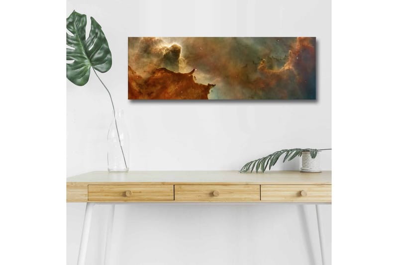Lærredsbillede med LED-belysning - Abstrakt rumlandskab med svævende skyer og stjerner - Kobberbrun / Grøn / Blå - Boligtilbehør - Billeder & kunst - Billeder på lærred