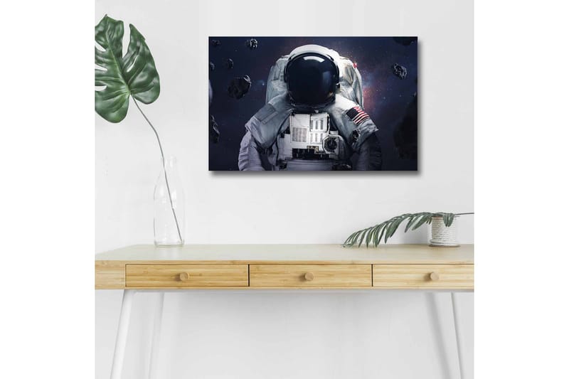 Lærredsbillede med LED-belysning - Astronaut i rummet omgivet af asteroider - Mørkeblå / Grå / Sort - Boligtilbehør - Billeder & kunst - Billeder på lærred
