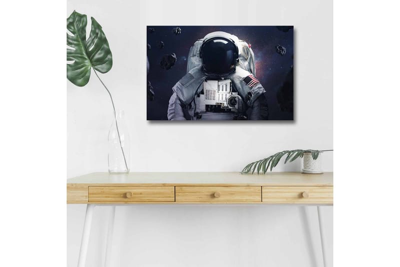 Lærredsbillede med LED-belysning - Astronaut i rummet omgivet af asteroider - Mørkeblå / Grå / Sort - Boligtilbehør - Billeder & kunst - Billeder på lærred