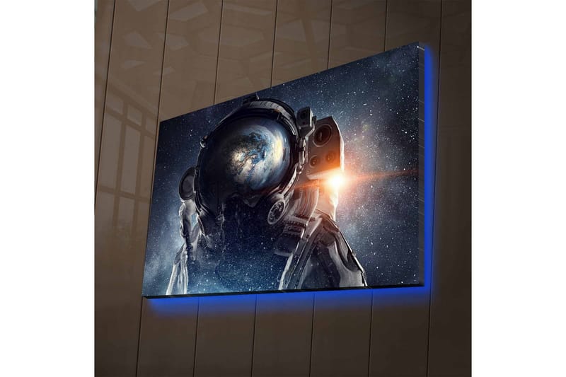 Lærredsbillede med LED-belysning - Astronaut med Jorden synlig i hjelmen mod en stjerneklar baggrund, Mørkeblå / Sort / Hvid