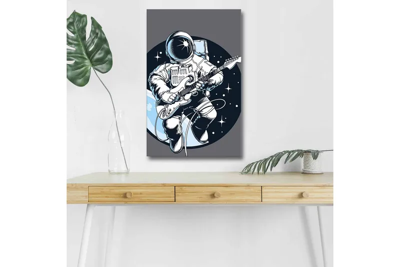 Lærredsbillede med LED-belysning - Astronaut spiller guitar i rummet, Mørkeblå / Hvid / Grå