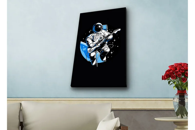 Lærredsbillede med LED-belysning - Astronaut spiller guitar i rummet - Sort / Blå / Hvid - Boligtilbehør - Billeder & kunst - Billeder på lærred