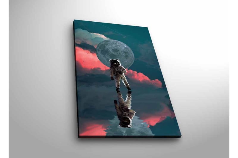 Lærredsbillede med LED-belysning - Astronaut svæver i et drømmeagtigt rummiljø med en stor måne i baggrunden, Mørkeblå / Pink / Grå