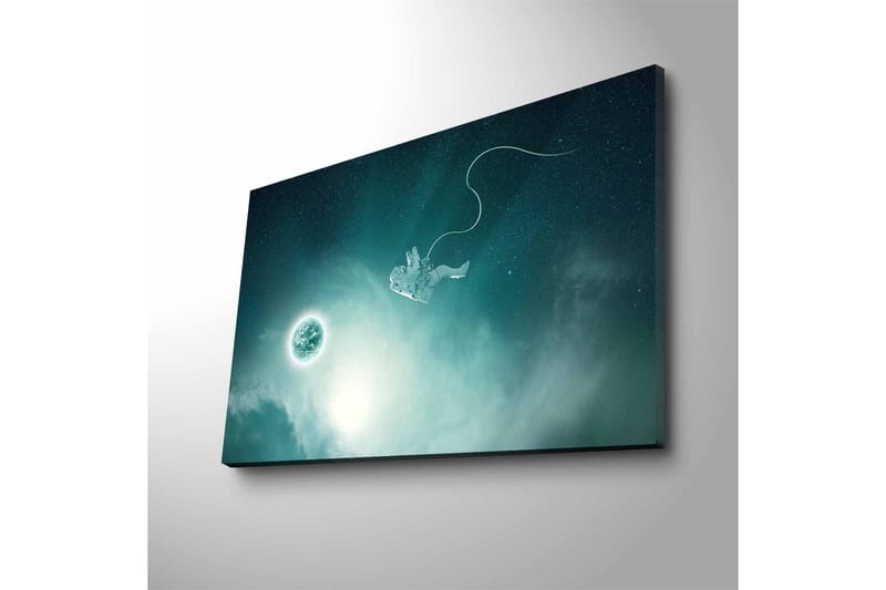 Lærredsbillede med LED-belysning - Astronaut svæver i rummet med en planet i baggrunden - Mørkeblå / Grøn / Hvid - Boligtilbehør - Billeder & kunst - Billeder på lærred
