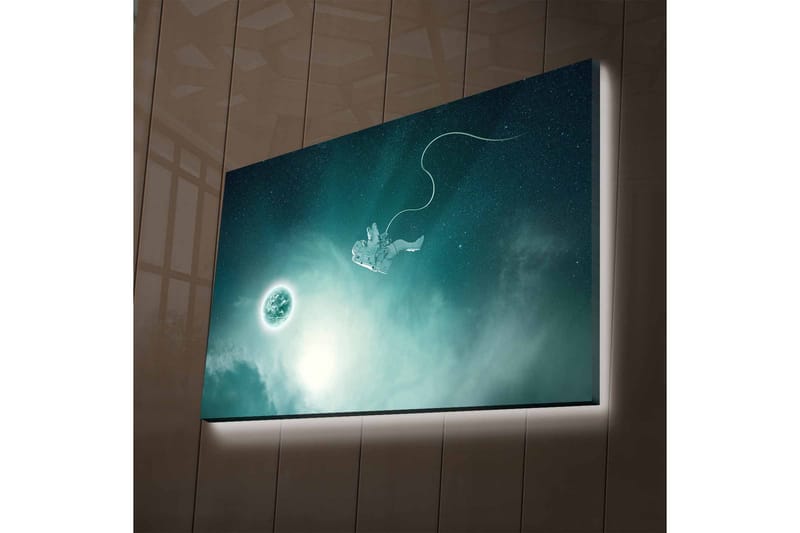 Lærredsbillede med LED-belysning - Astronaut svæver i rummet med en planet i baggrunden - Mørkeblå / Grøn / Hvid - Boligtilbehør - Billeder & kunst - Billeder på lærred