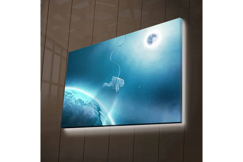 Lærredsbillede med LED-belysning - Astronaut svæver i rummet over Jorden, Blå / Turkis / Hvid