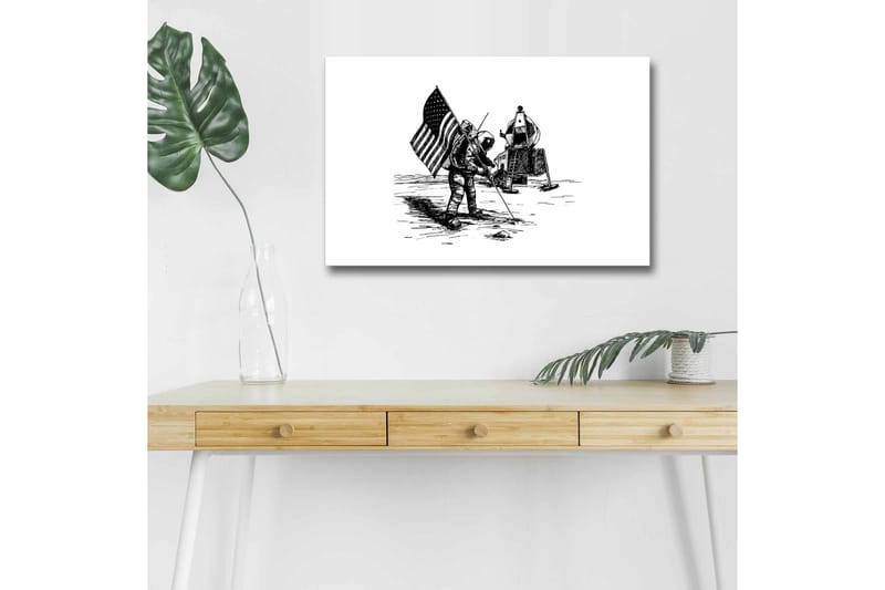Lærredsbillede med LED-belysning - Astronaut planter et flag på månens overflade - Sort / Hvid - Boligtilbehør - Billeder & kunst - Billeder på lærred