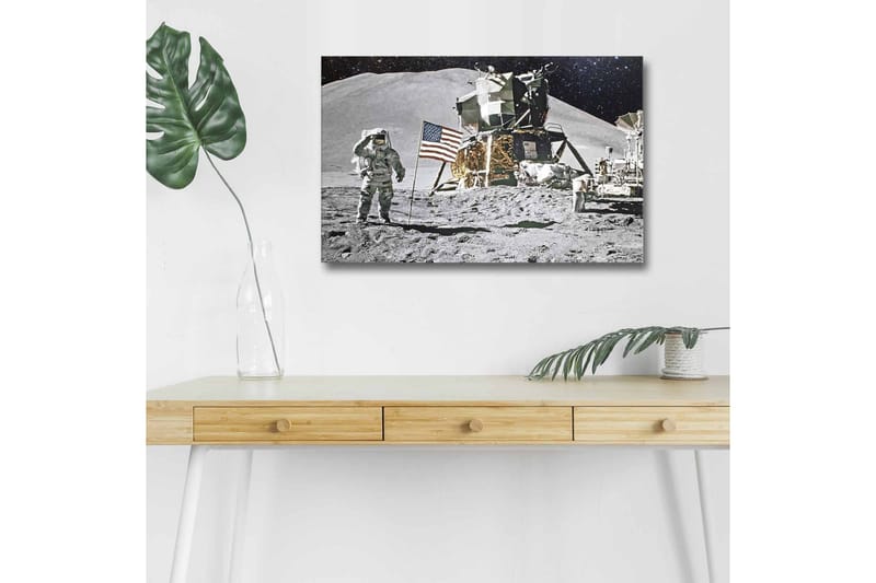 Lærredsbillede med LED-belysning - Astronaut på måneoverfladen med månelander og amerikansk flag - Grå / Sort / Guld - Boligtilbehør - Billeder & kunst - Billeder på lærred