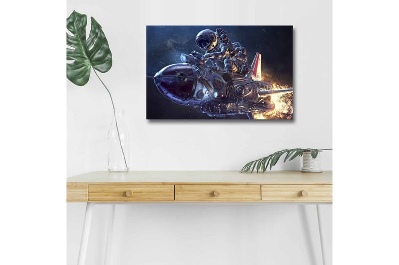 Lærredsbillede med LED-belysning - Astronaut på en futuristisk raket i rummet - Mørkeblå / Sølv / Orange - Boligtilbehør - Billeder & kunst - Billeder på lærred