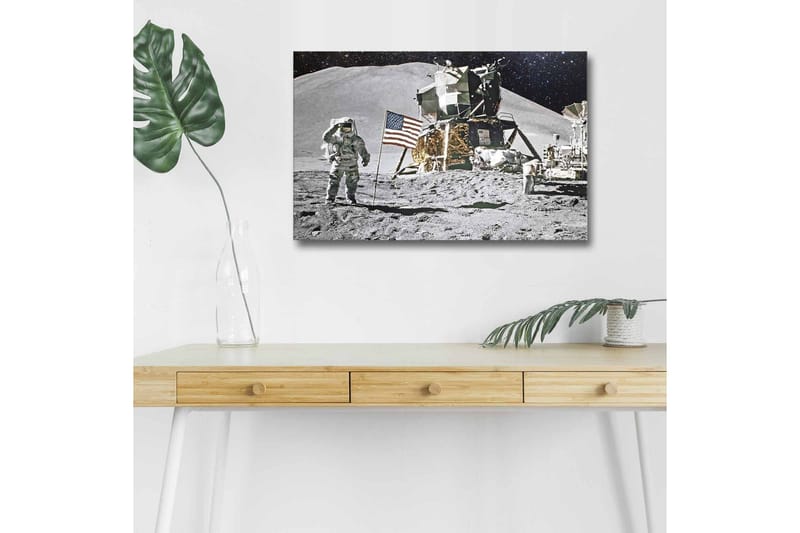 Lærredsbillede med LED-belysning - Astronaut på måneoverfladen med månelander og amerikansk flag - Grå / Sort / Guld - Boligtilbehør - Billeder & kunst - Billeder på lærred