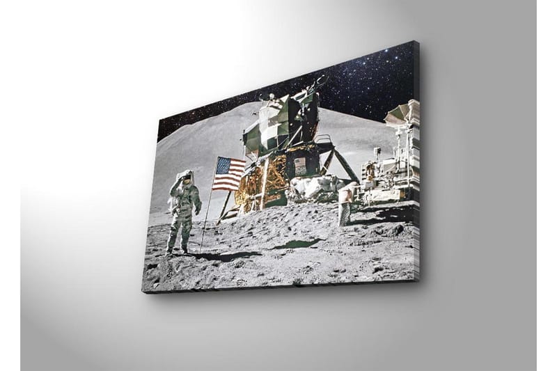 Lærredsbillede med LED-belysning - Astronaut på måneoverfladen med månelander og amerikansk flag - Grå / Sort / Guld - Boligtilbehør - Billeder & kunst - Billeder på lærred