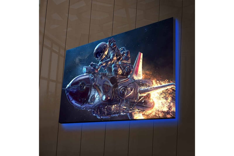 Lærredsbillede med LED-belysning - Astronaut på en futuristisk raket i rummet - Mørkeblå / Sølv / Orange - Boligtilbehør - Billeder & kunst - Billeder på lærred