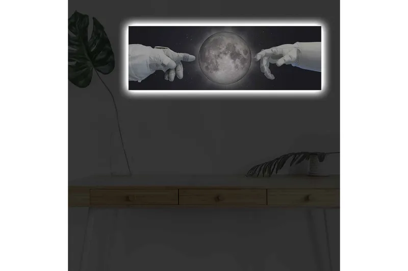 Lærredsbillede med LED-belysning - Astronauthænder rækker ud mod månen, Grå / Sort / Hvid