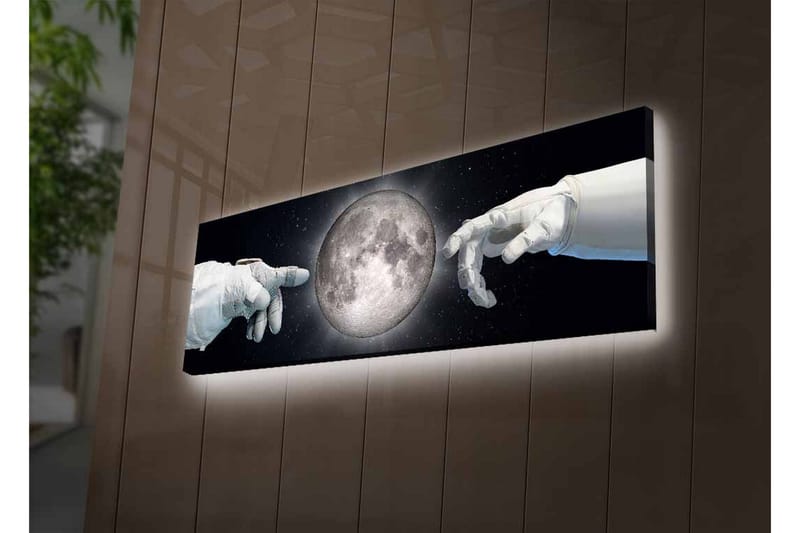 Lærredsbillede med LED-belysning - Astronauthænder rækker ud mod månen - Grå / Sort / Hvid - Boligtilbehør - Billeder & kunst - Billeder på lærred