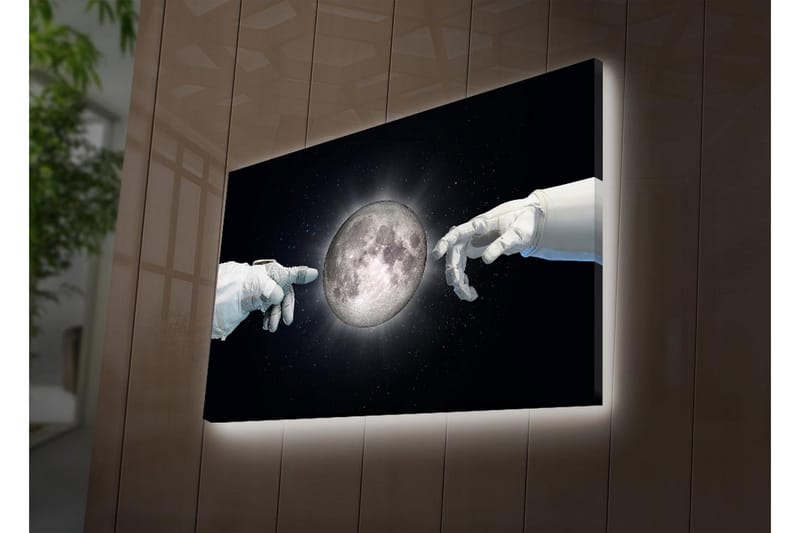 Lærredsbillede med LED-belysning - Astronauthænder rækker ud mod månen - Hvid / Sort / Grå - Boligtilbehør - Billeder & kunst - Billeder på lærred