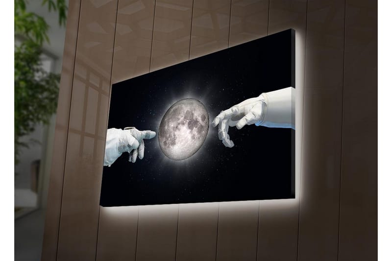 Lærredsbillede med LED-belysning - Astronauthænder rækker ud mod månen - Hvid / Sort / Grå - Boligtilbehør - Billeder & kunst - Billeder på lærred