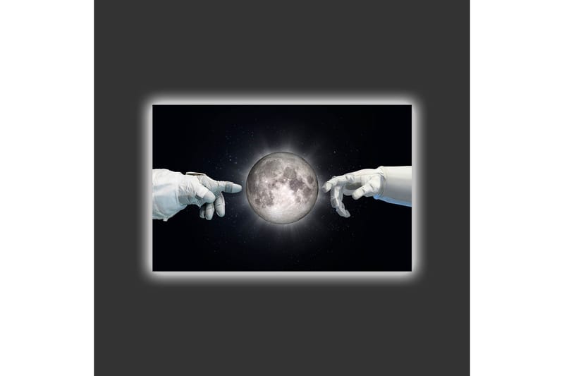 Lærredsbillede med LED-belysning - Astronauthænder rækker ud mod månen - Sort / Hvid / Grå - Boligtilbehør - Billeder & kunst - Billeder på lærred