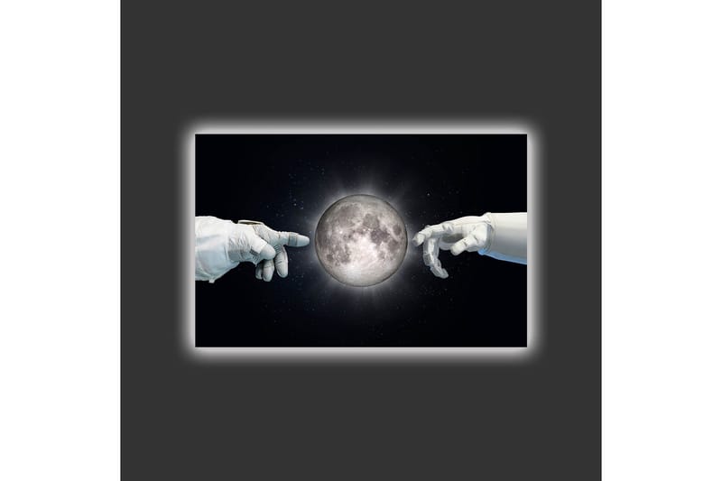 Lærredsbillede med LED-belysning - Astronauthænder rækker ud mod månen - Sort / Hvid / Grå - Boligtilbehør - Billeder & kunst - Billeder på lærred