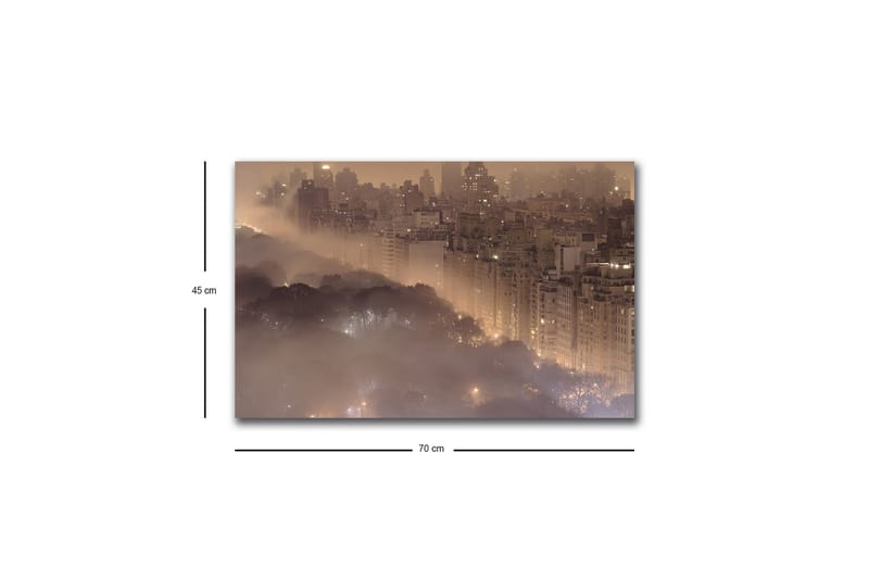 Lærredsbillede med LED-belysning - Atmosfærisk bybillede i tåge med skyskrabere og trætoppe - Mørkebrun / Grå / Guld - Boligtilbehør - Billeder & kunst - Billeder på lærred