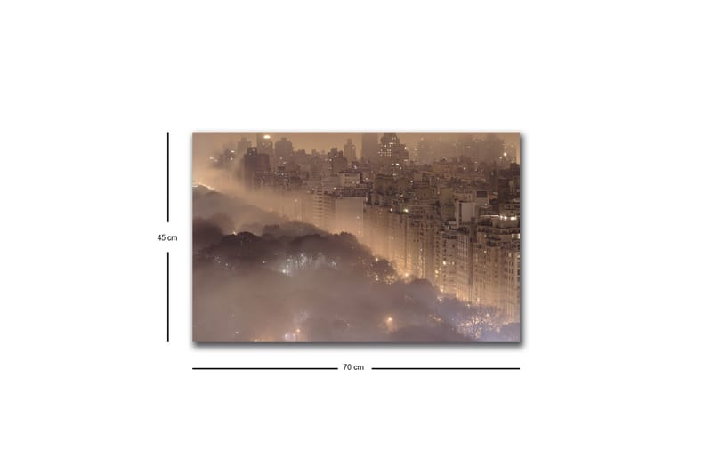 Lærredsbillede med LED-belysning - Atmosfærisk bybillede i tåge med skyskrabere og trætoppe - Mørkebrun / Grå / Guld - Boligtilbehør - Billeder & kunst - Billeder på lærred