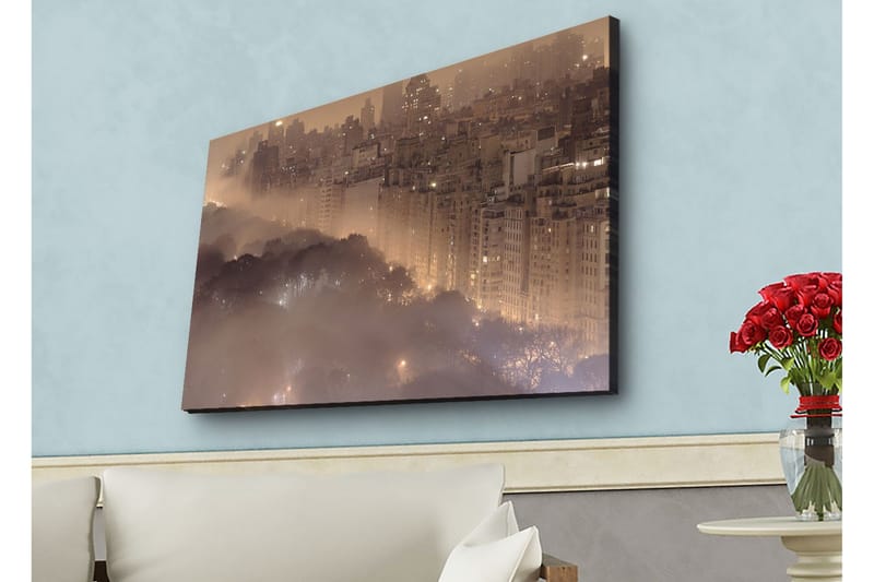 Lærredsbillede med LED-belysning - Atmosfærisk bybillede i tåge med skyskrabere og trætoppe - Mørkebrun / Grå / Guld - Boligtilbehør - Billeder & kunst - Billeder på lærred