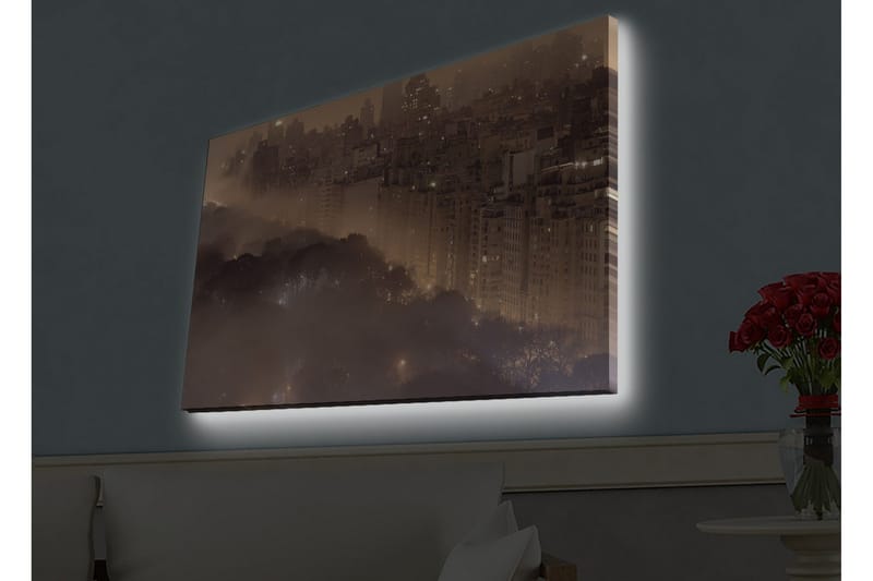 Lærredsbillede med LED-belysning - Atmosfærisk bybillede i tåge med skyskrabere og trætoppe, Mørkebrun / Grå / Guld