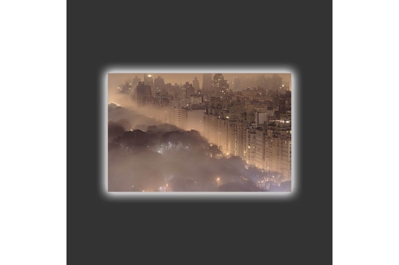 Lærredsbillede med LED-belysning - Atmosfærisk bybillede i tåge med skyskrabere og trætoppe - Mørkebrun / Grå / Guld - Boligtilbehør - Billeder & kunst - Billeder på lærred