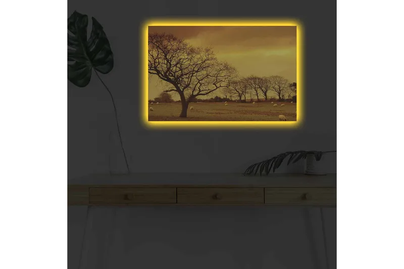 Lærredsbillede med LED-belysning - Atmosfærisk landskabsudsigt med silhuetter af træer mod en gylden himmel - Guld / Brun / Sort - Boligtilbehør - Billeder & kunst - Billeder på lærred