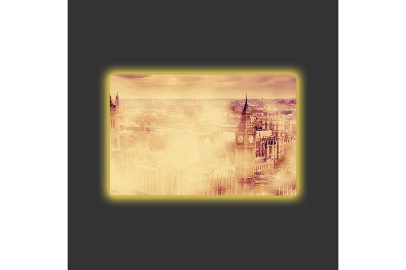 Lærredsbillede med LED-belysning - Atmosfærisk udsigt over en by med berømte bygninger i tåge - Beige / Guld / Mørkebrun - Boligtilbehør - Billeder & kunst - Billeder på lærred