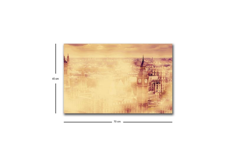 Lærredsbillede med LED-belysning - Atmosfærisk udsigt over en by med berømte bygninger i tåge - Beige / Guld / Mørkebrun - Boligtilbehør - Billeder & kunst - Billeder på lærred