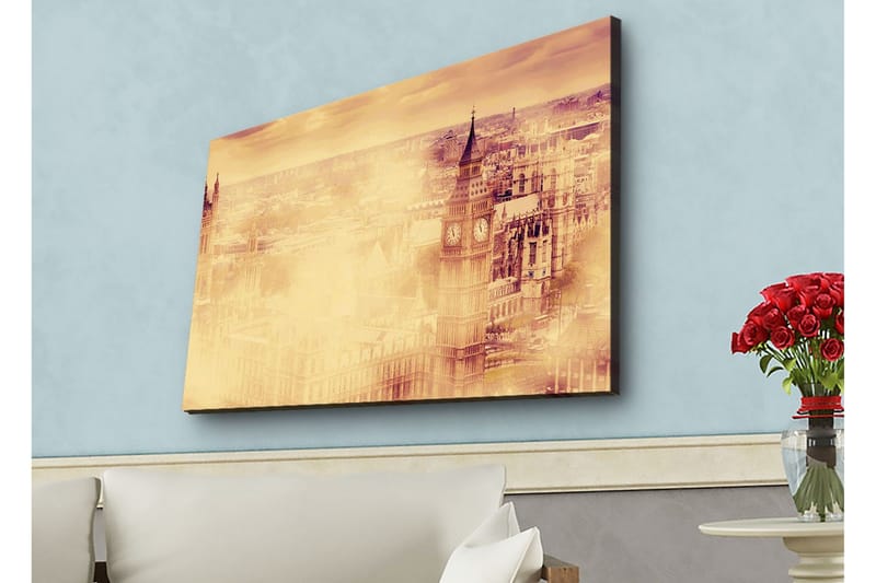 Lærredsbillede med LED-belysning - Atmosfærisk udsigt over en by med berømte bygninger i tåge - Beige / Guld / Mørkebrun - Boligtilbehør - Billeder & kunst - Billeder på lærred