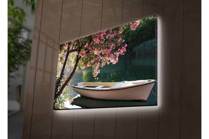 Lærredsbillede med LED-belysning - Båd ved en blomstrende trækant ved vandet - Lyserød / Grøn / Hvid - Boligtilbehør - Billeder & kunst - Billeder på lærred