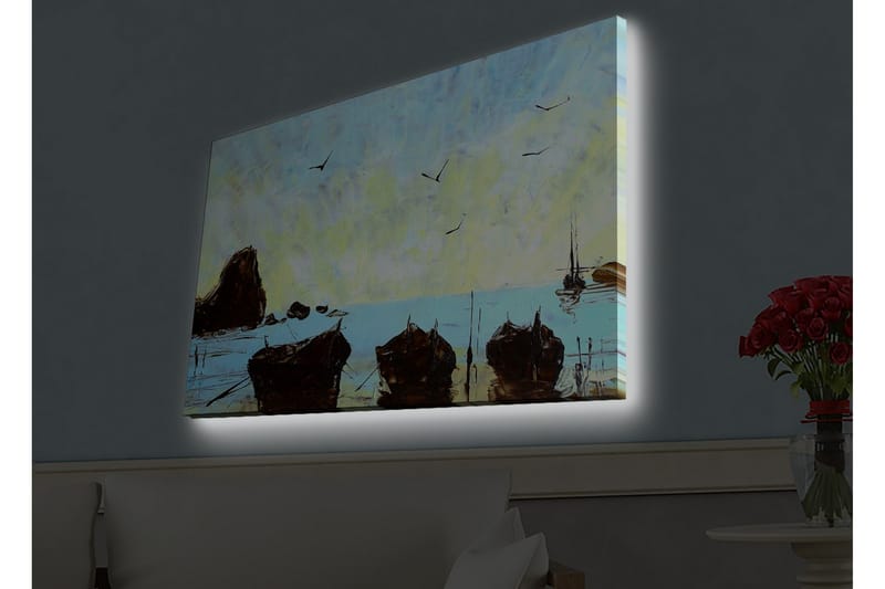 Lærredsbillede med LED-belysning - Både på en rolig strand under en klar himmel - Blå / Brun / Gul - Boligtilbehør - Billeder & kunst - Billeder på lærred