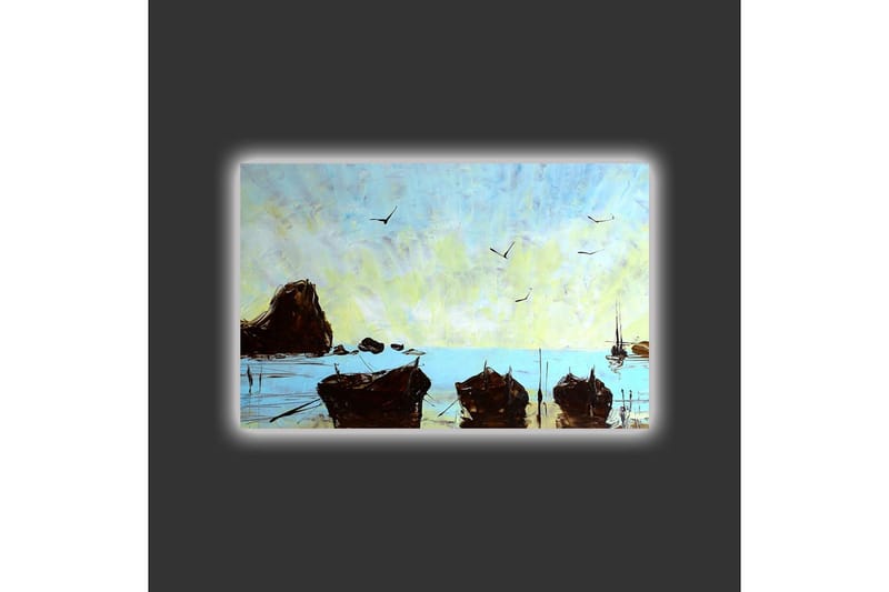 Lærredsbillede med LED-belysning - Både på en rolig strand under en klar himmel - Blå / Brun / Gul - Boligtilbehør - Billeder & kunst - Billeder på lærred