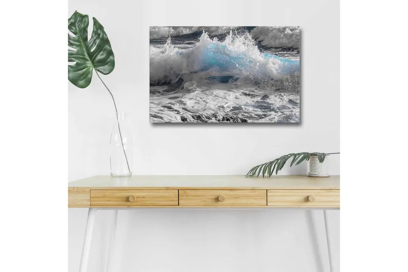 Lærredsbillede med LED-belysning - Bølger der slår i dramatiske nuancer af blå og hvid, Blå / Hvid / Grå