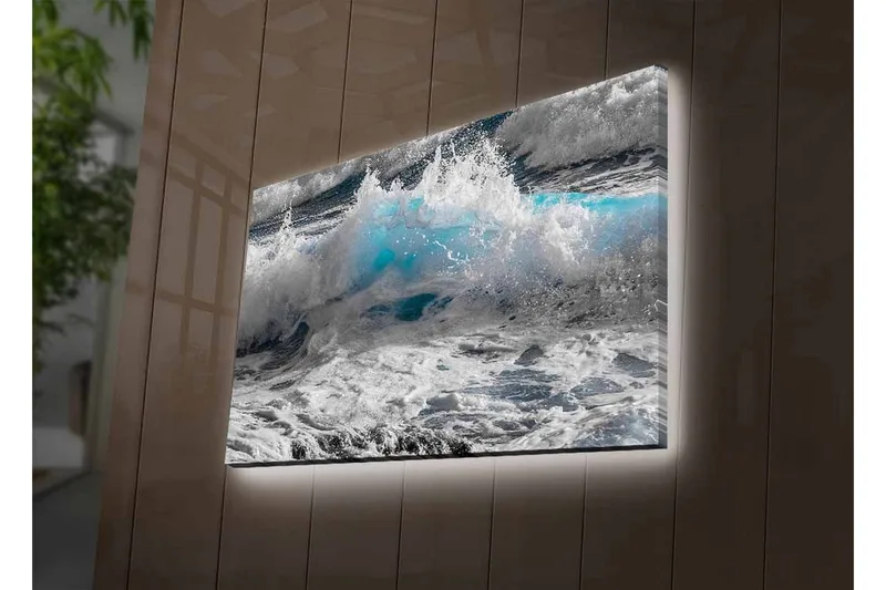 Lærredsbillede med LED-belysning - Bølger der slår i dramatiske nuancer af blå og hvid - Blå / Hvid / Grå - Boligtilbehør - Billeder & kunst - Billeder på lærred