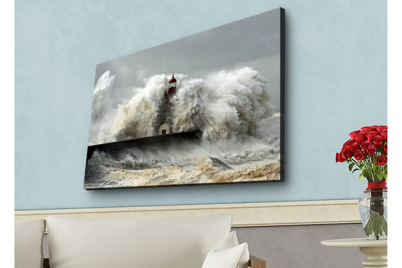 Lærredsbillede med LED-belysning - Bølger der slår mod et fyrtårn i stormvejr, Grå / Hvid / Brun