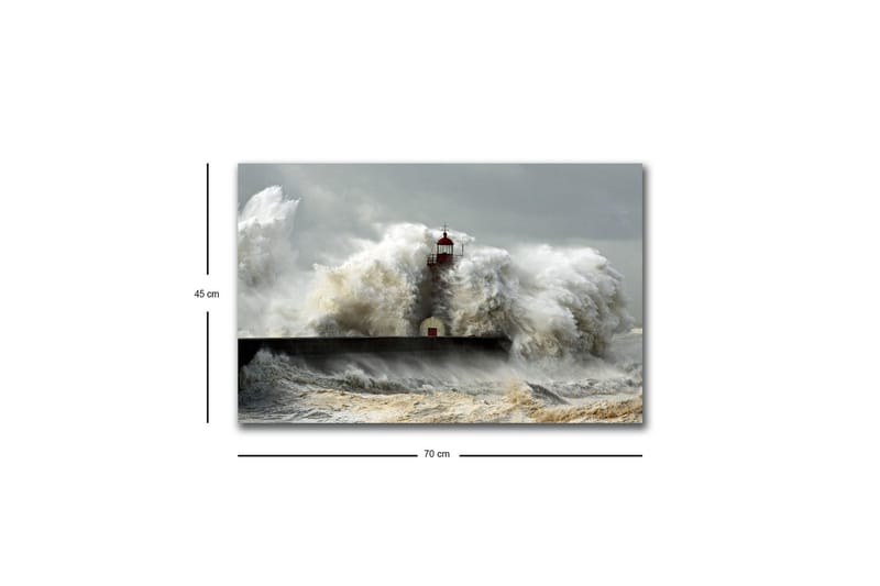 Lærredsbillede med LED-belysning - Bølger der slår mod et fyrtårn i stormvejr - Grå / Hvid / Brun - Boligtilbehør - Billeder & kunst - Billeder på lærred